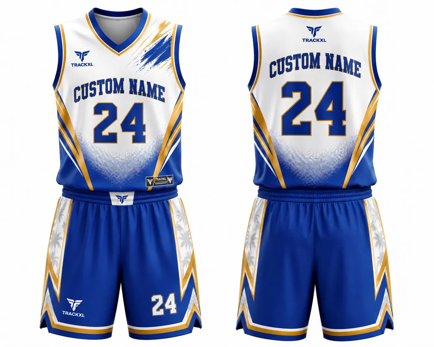 Premium Custom Basketball Jersey & Shorts Set | White Blue Gold Team Uniform | TrackXL
