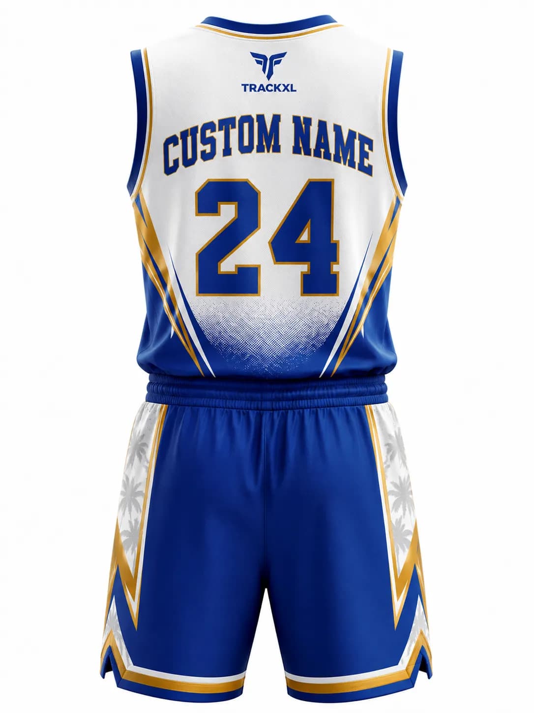 Premium Custom Basketball Jersey & Shorts Set | White Blue Gold Team Uniform | TrackXL