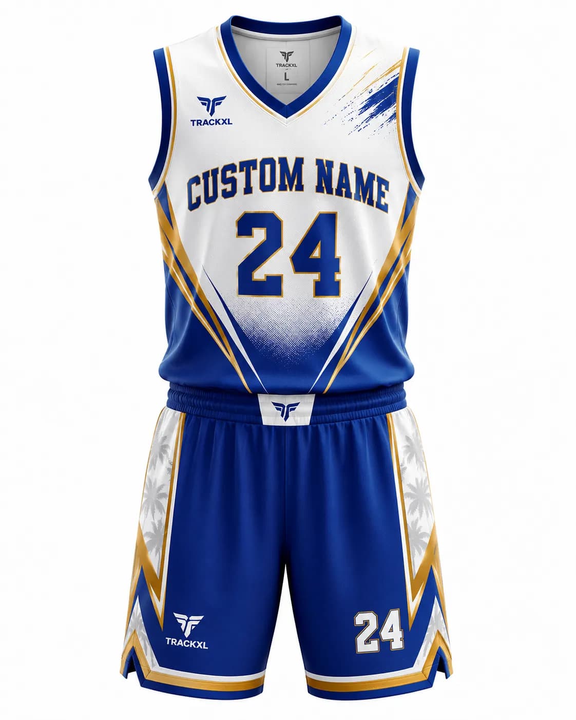 Premium Custom Basketball Jersey & Shorts Set | White Blue Gold Team Uniform | TrackXL